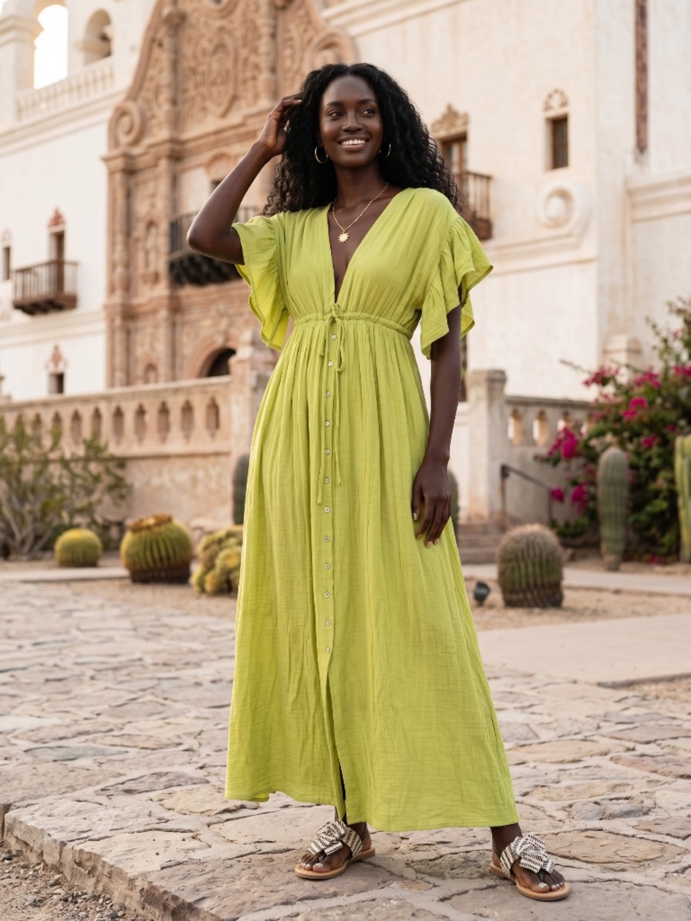 Peach Love Lime Green Gauze Button Front Maxi Dress | Deep V Drawstring Waist - Picture 8 of 8